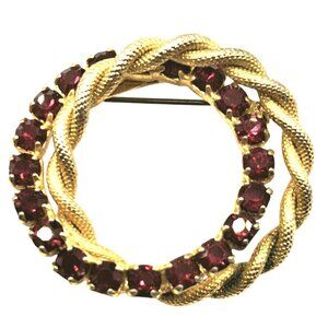 Vintage Rhinestone Brooch Red Clear Double Circle Infinity Pin Gold Tone Costume